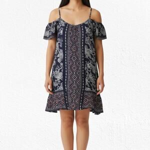 Band of Gypsies Navy Southwestern Off the Shoulder Boho Mini Dress Size Small